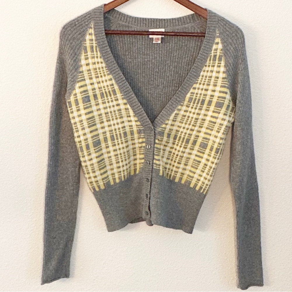 Mossimo Fitted Gray and Yellow Plaid Cardigan Size XL